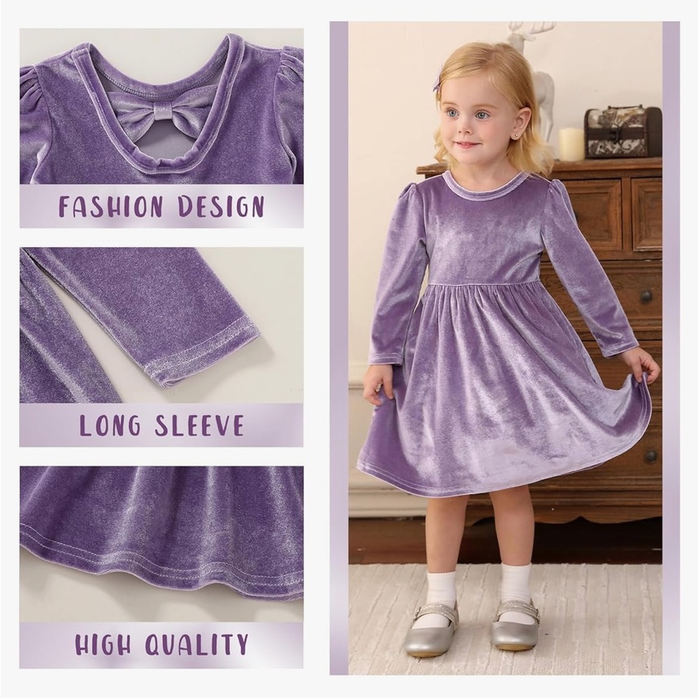 Girl’s Long Sleeve Velvet Dress in Purple - Picture 4 of 13